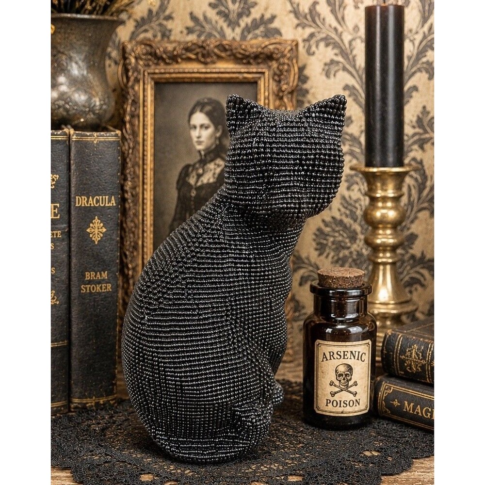 Black Beaded Cat Figurine Textured Resin Sculpture Home Decor 7.25 Inch Tall